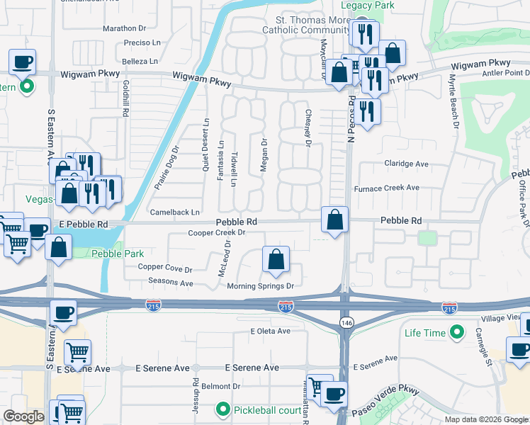map of restaurants, bars, coffee shops, grocery stores, and more near 14 Megan Drive in Henderson