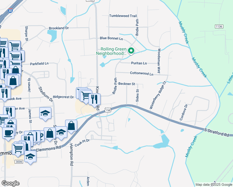 map of restaurants, bars, coffee shops, grocery stores, and more near 4361 Bridle Path in Winston-Salem