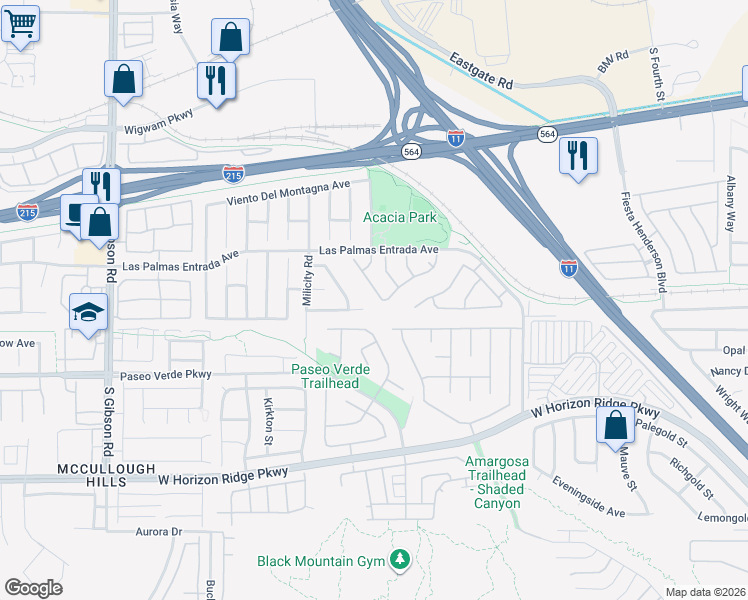 map of restaurants, bars, coffee shops, grocery stores, and more near 127 Montesol Drive in Henderson