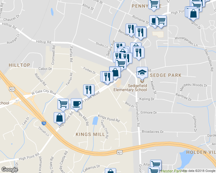 map of restaurants, bars, coffee shops, grocery stores, and more near 3703 High Point Road in Greensboro