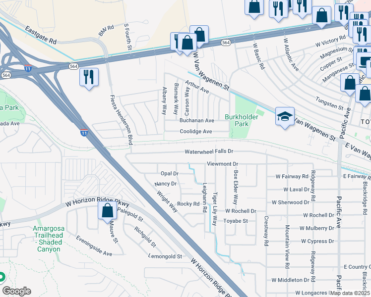 map of restaurants, bars, coffee shops, grocery stores, and more near 424 Waterwheel Falls Drive in Henderson