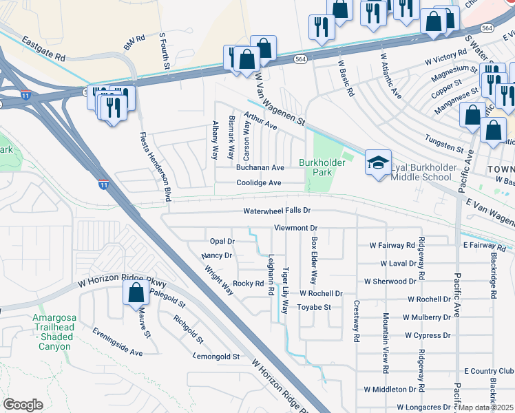 map of restaurants, bars, coffee shops, grocery stores, and more near 424 Waterwheel Falls Drive in Henderson