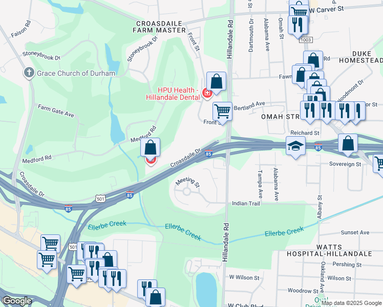 map of restaurants, bars, coffee shops, grocery stores, and more near 2800 Croasdaile Drive in Durham