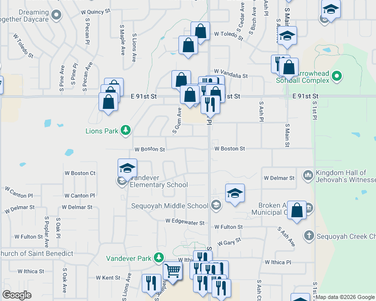 map of restaurants, bars, coffee shops, grocery stores, and more near 2105 South Hickory Avenue in Broken Arrow
