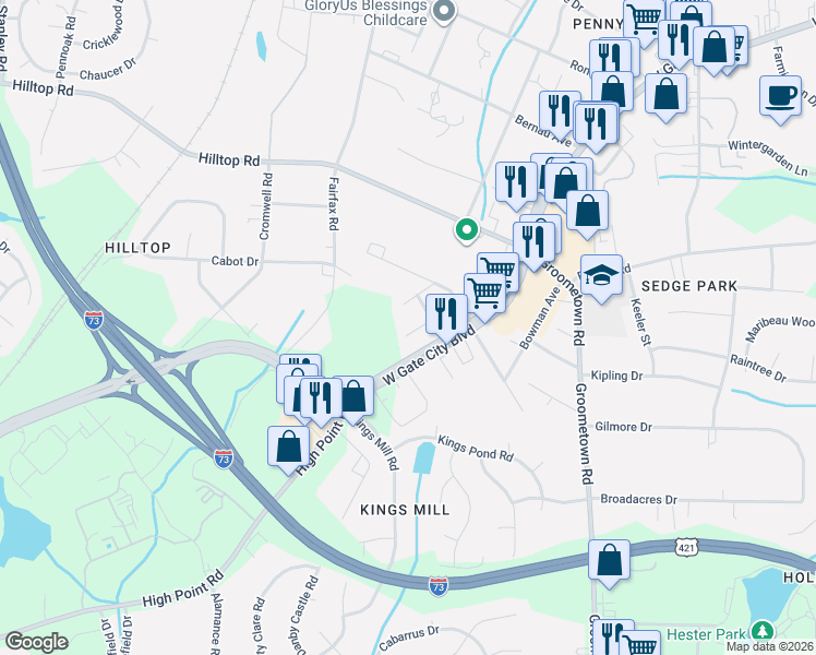map of restaurants, bars, coffee shops, grocery stores, and more near 2600 Hilltop Forest Court in Greensboro