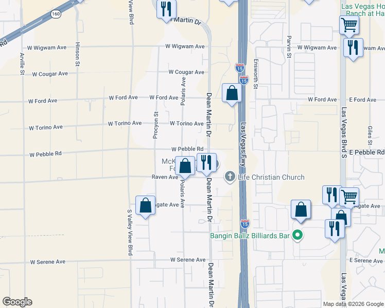 map of restaurants, bars, coffee shops, grocery stores, and more near 3325 West Pebble Road in Las Vegas