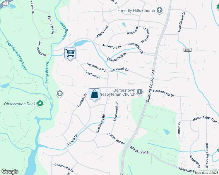 map of restaurants, bars, coffee shops, grocery stores, and more near 202 Fairidge Drive in Jamestown