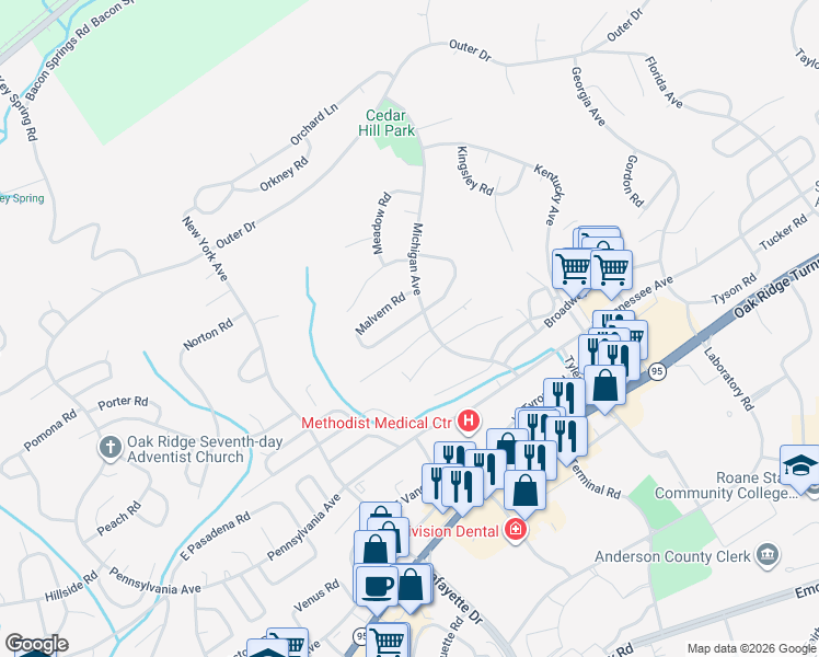 map of restaurants, bars, coffee shops, grocery stores, and more near 105 West Malta Road in Oak Ridge