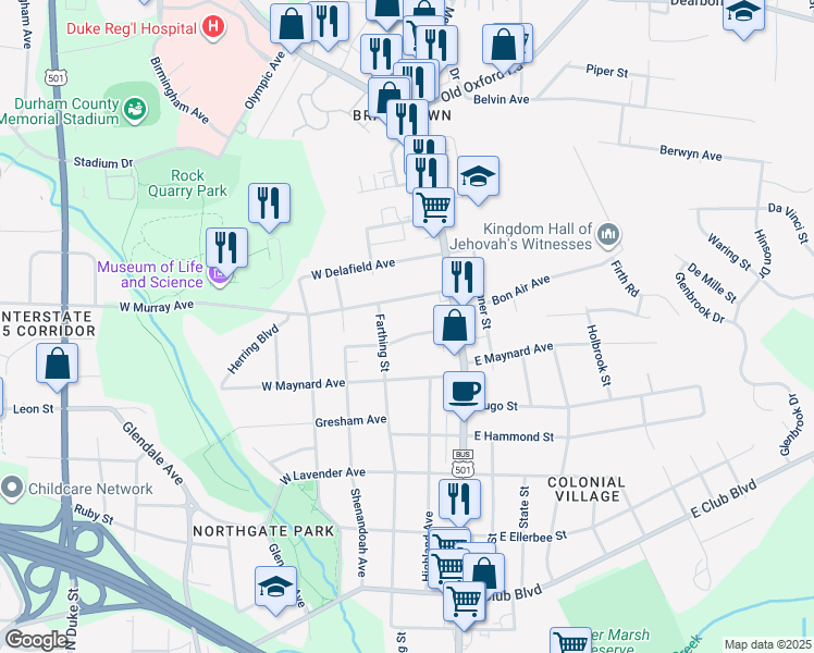 map of restaurants, bars, coffee shops, grocery stores, and more near 109 East Edgewood Drive in Durham