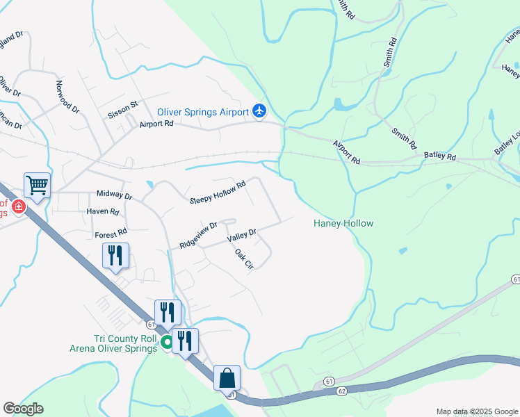map of restaurants, bars, coffee shops, grocery stores, and more near 509 Cedar Lane in Oliver Springs