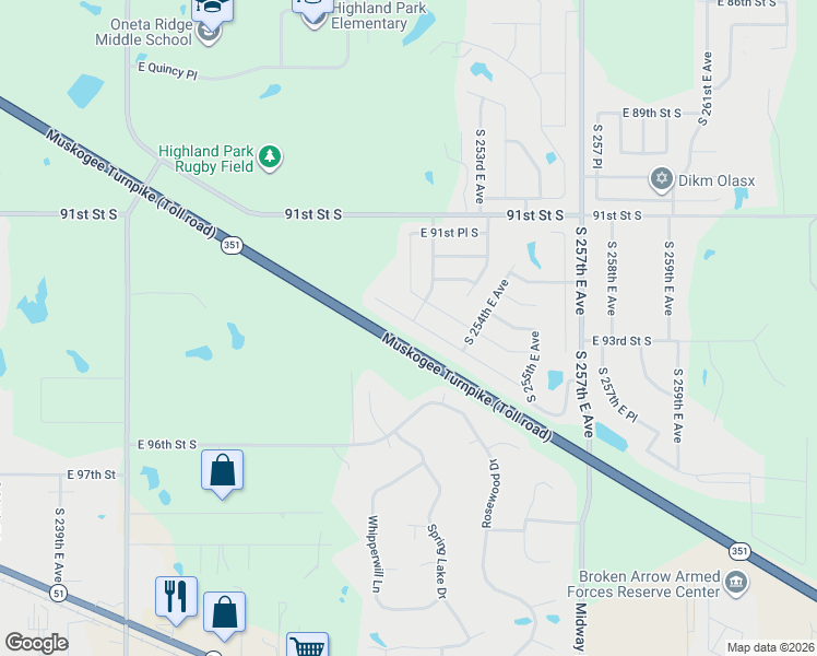 map of restaurants, bars, coffee shops, grocery stores, and more near 25065 East 93rd Court South in Broken Arrow