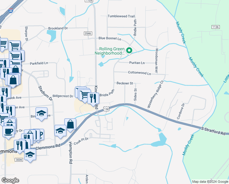 map of restaurants, bars, coffee shops, grocery stores, and more near 4361 Bridle Path in Winston-Salem