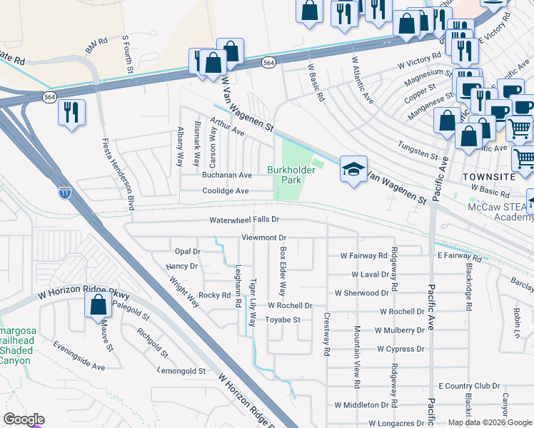 map of restaurants, bars, coffee shops, grocery stores, and more near 372 Waterwheel Falls Drive in Henderson