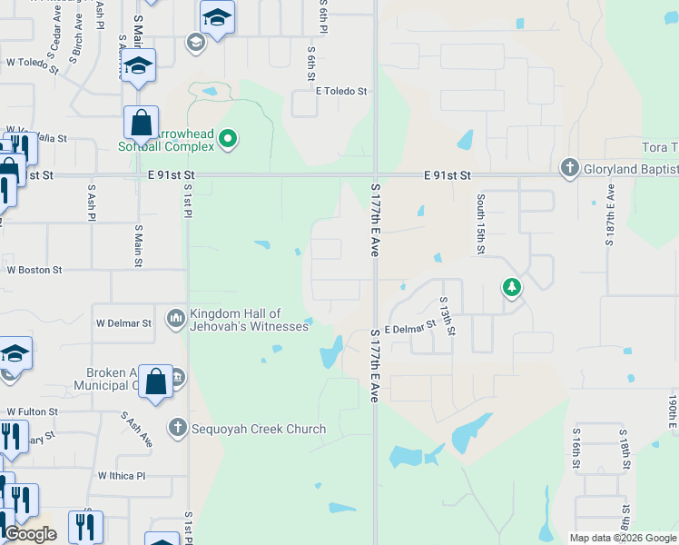 map of restaurants, bars, coffee shops, grocery stores, and more near 727 East Delmar Street in Broken Arrow