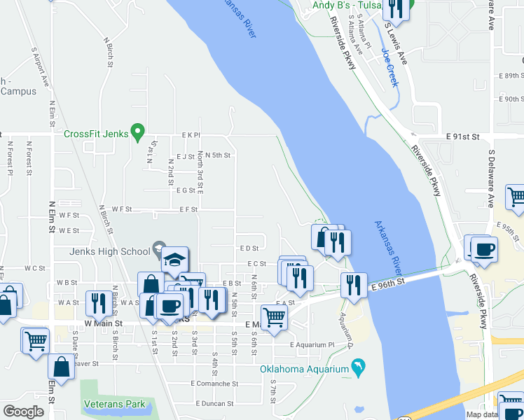 map of restaurants, bars, coffee shops, grocery stores, and more near 549 East F Street in Jenks