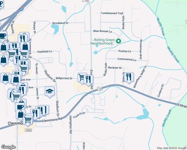 map of restaurants, bars, coffee shops, grocery stores, and more near 4405 Kinnamon Road in Winston-Salem