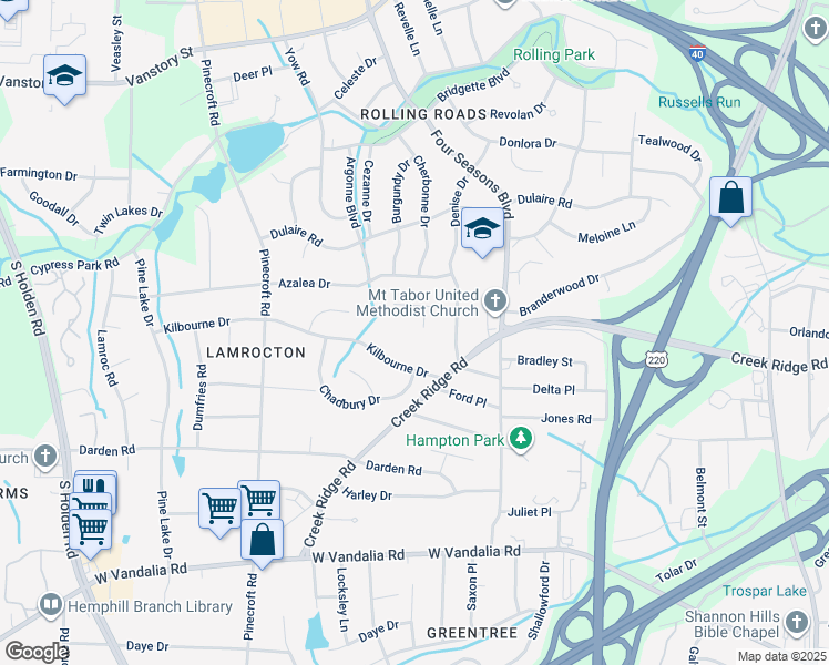 map of restaurants, bars, coffee shops, grocery stores, and more near 6 Middlethorpe Court in Greensboro