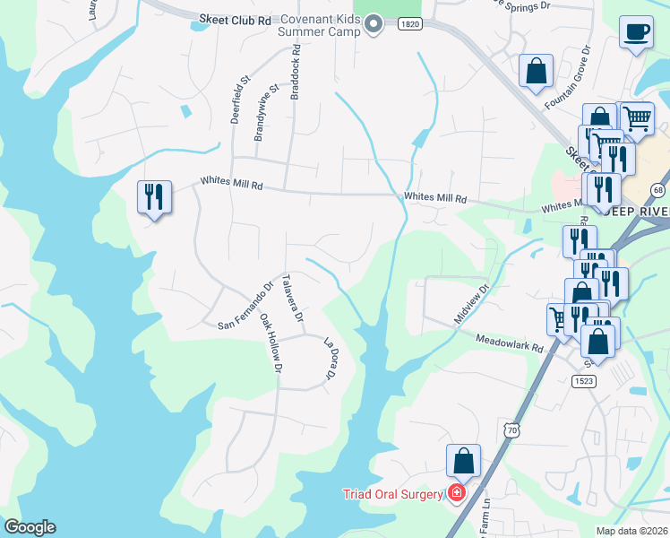 map of restaurants, bars, coffee shops, grocery stores, and more near 2204 Setliff Drive in High Point