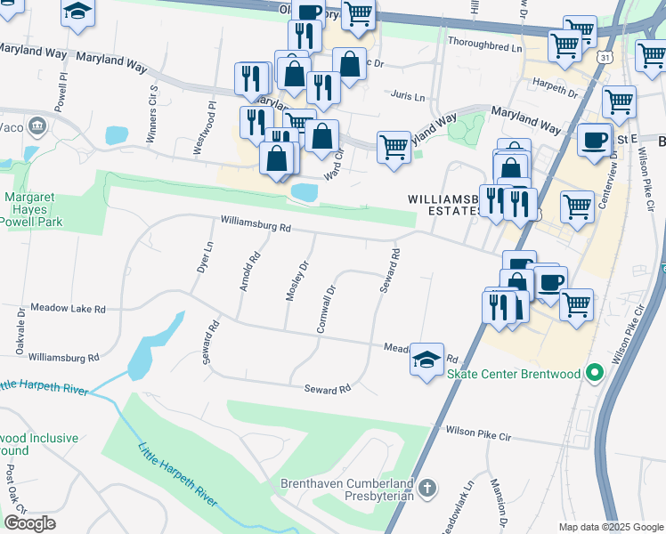map of restaurants, bars, coffee shops, grocery stores, and more near 302 Mosley Drive in Brentwood