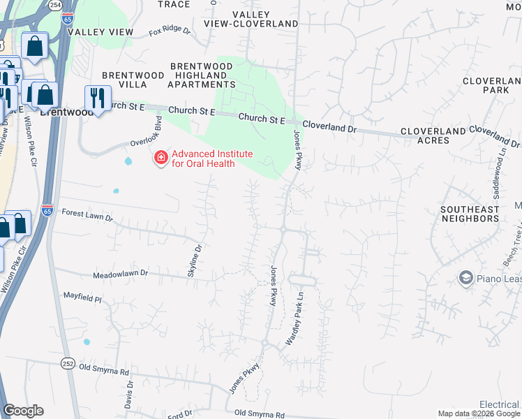 map of restaurants, bars, coffee shops, grocery stores, and more near 212 Ennismore Lane in Brentwood
