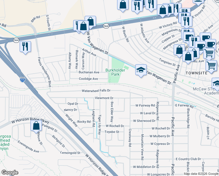 map of restaurants, bars, coffee shops, grocery stores, and more near 372 Waterwheel Falls Drive in Henderson