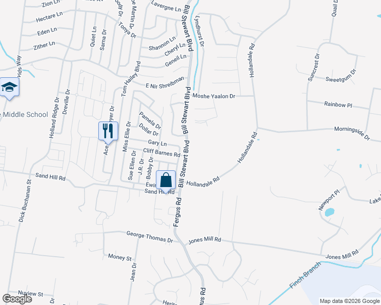map of restaurants, bars, coffee shops, grocery stores, and more near 301 Bill Stewart Boulevard in La Vergne