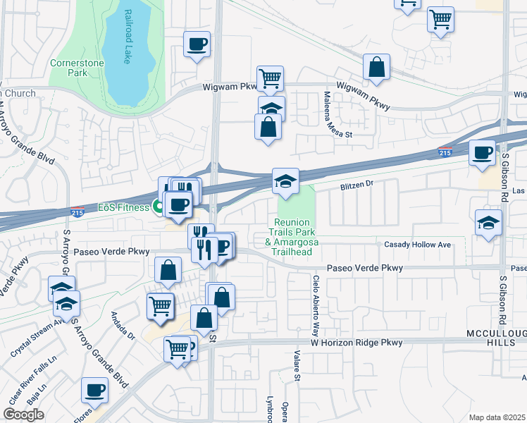 map of restaurants, bars, coffee shops, grocery stores, and more near 23 Hudson Canyon Street in Henderson