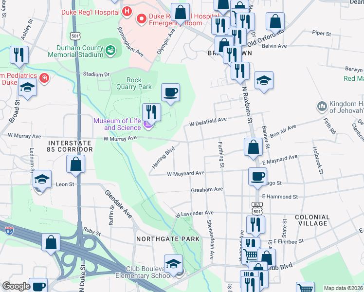 map of restaurants, bars, coffee shops, grocery stores, and more near 2903 Herring Boulevard in Durham