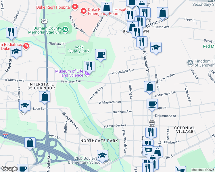 map of restaurants, bars, coffee shops, grocery stores, and more near 2903 Herring Boulevard in Durham