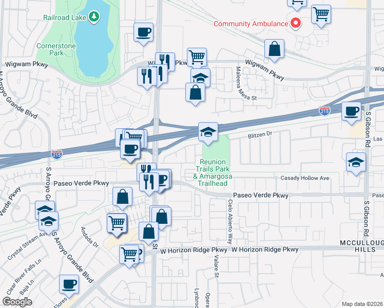 map of restaurants, bars, coffee shops, grocery stores, and more near 27 Hudson Canyon Street in Henderson