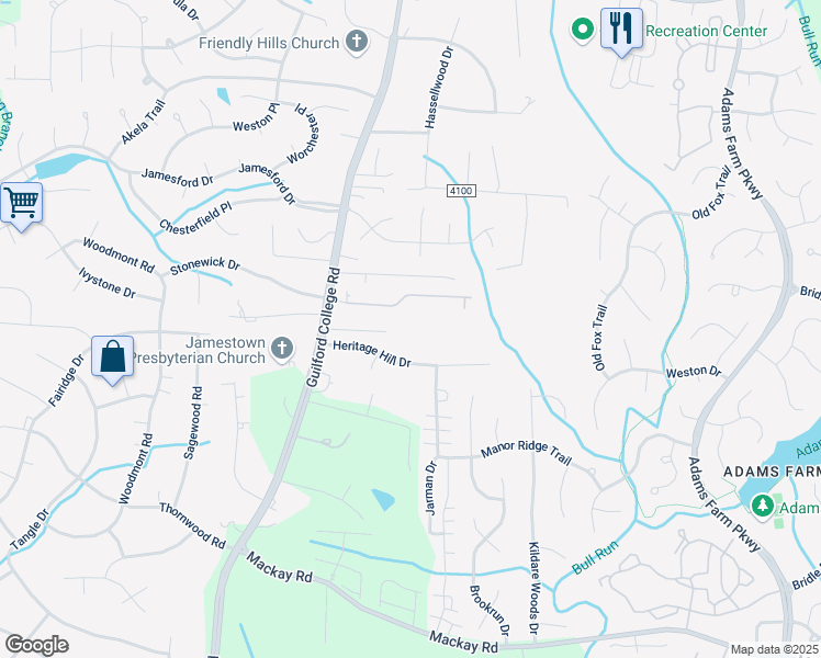 map of restaurants, bars, coffee shops, grocery stores, and more near 1721 Guilford College Road in Jamestown