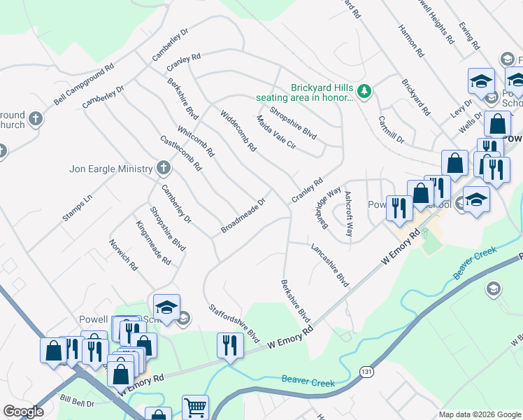 map of restaurants, bars, coffee shops, grocery stores, and more near 2812 Broadmeade Drive in Powell