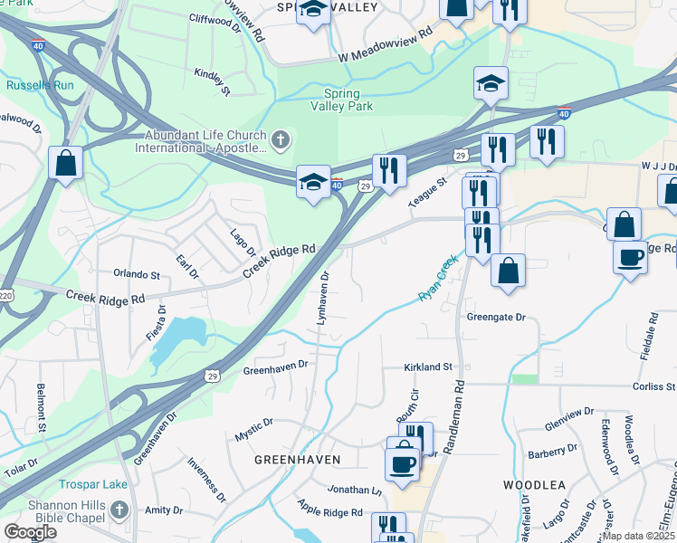 map of restaurants, bars, coffee shops, grocery stores, and more near 3507 Lynhaven Drive in Greensboro