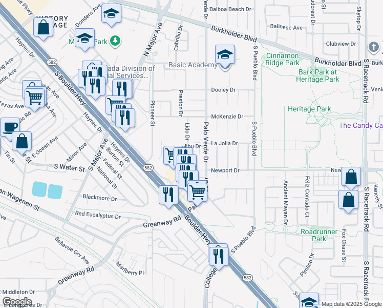 map of restaurants, bars, coffee shops, grocery stores, and more near 160 Lido Circle in Henderson