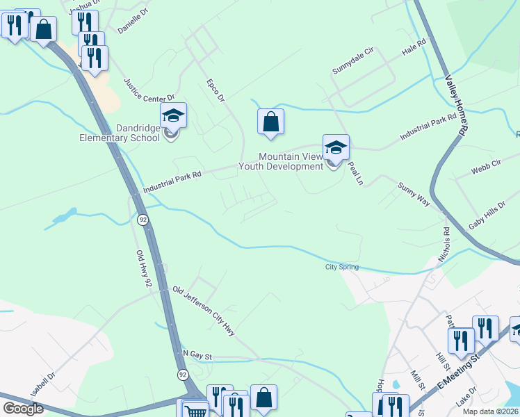 map of restaurants, bars, coffee shops, grocery stores, and more near 833 Dawn Lane in Dandridge