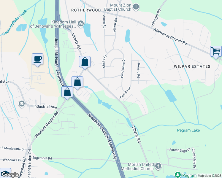 map of restaurants, bars, coffee shops, grocery stores, and more near 10 Ponderosa Court in Greensboro
