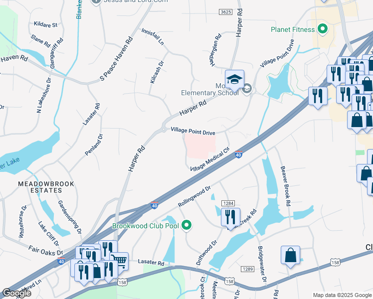 map of restaurants, bars, coffee shops, grocery stores, and more near 7126 Village Medical Circle in Clemmons