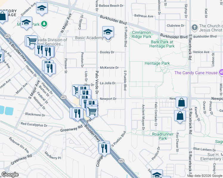 map of restaurants, bars, coffee shops, grocery stores, and more near 135 Hexham Drive in Henderson