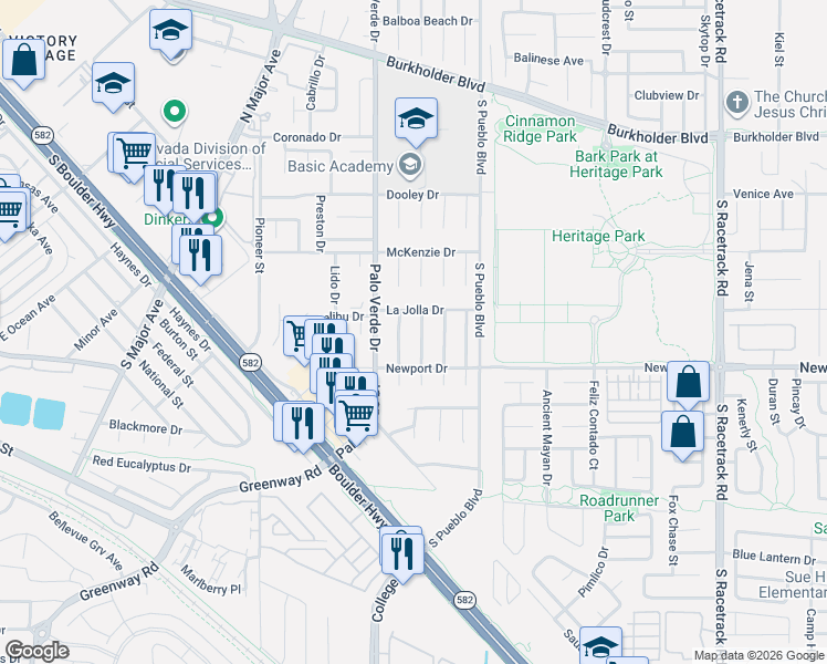 map of restaurants, bars, coffee shops, grocery stores, and more near 135 Hexham Drive in Henderson