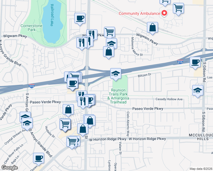 map of restaurants, bars, coffee shops, grocery stores, and more near 23 Hudson Canyon Street in Henderson