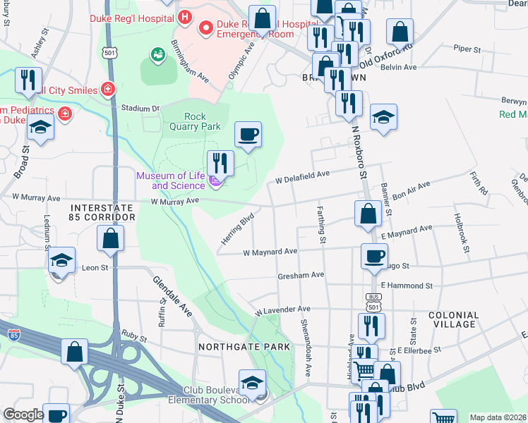 map of restaurants, bars, coffee shops, grocery stores, and more near 2903 Herring Boulevard in Durham