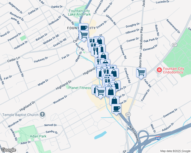 map of restaurants, bars, coffee shops, grocery stores, and more near 2717 Woodrow Drive in Knoxville