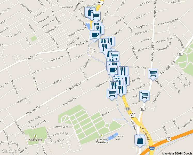 map of restaurants, bars, coffee shops, grocery stores, and more near 2426 Highland Drive in Knoxville