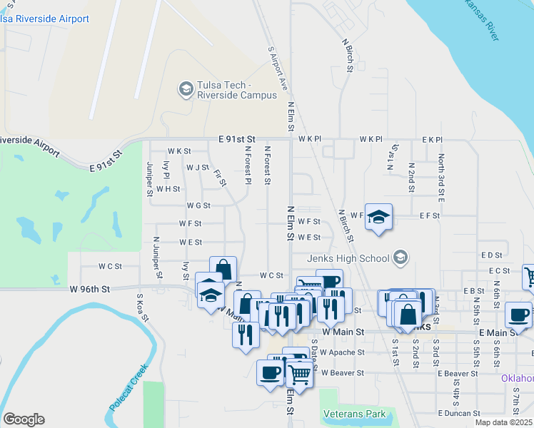 map of restaurants, bars, coffee shops, grocery stores, and more near 510 North Forest Street in Jenks
