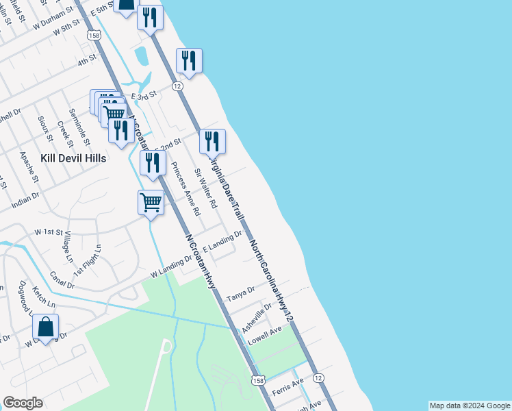 map of restaurants, bars, coffee shops, grocery stores, and more near 1513 North Virginia Dare Trail in Kill Devil Hills
