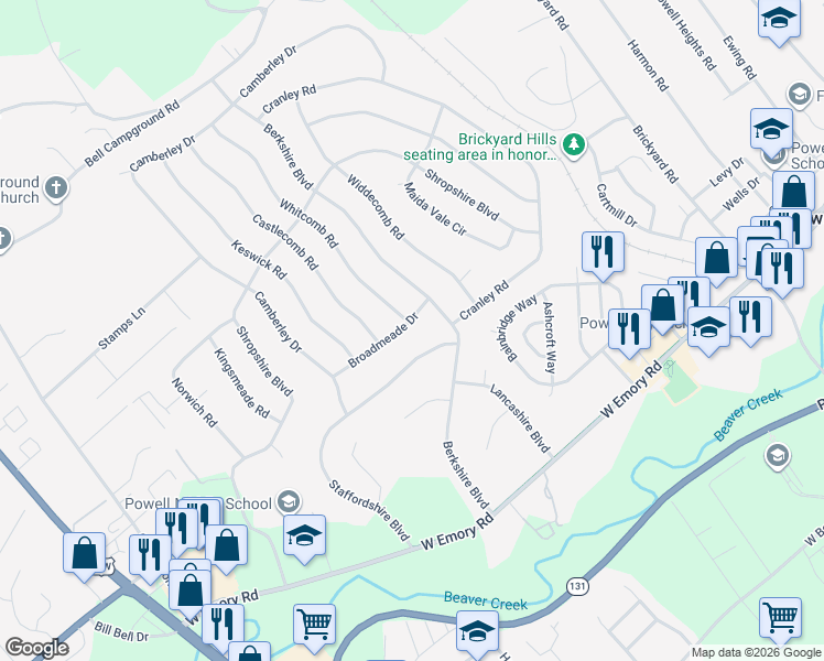 map of restaurants, bars, coffee shops, grocery stores, and more near 2812 Broadmeade Drive in Powell