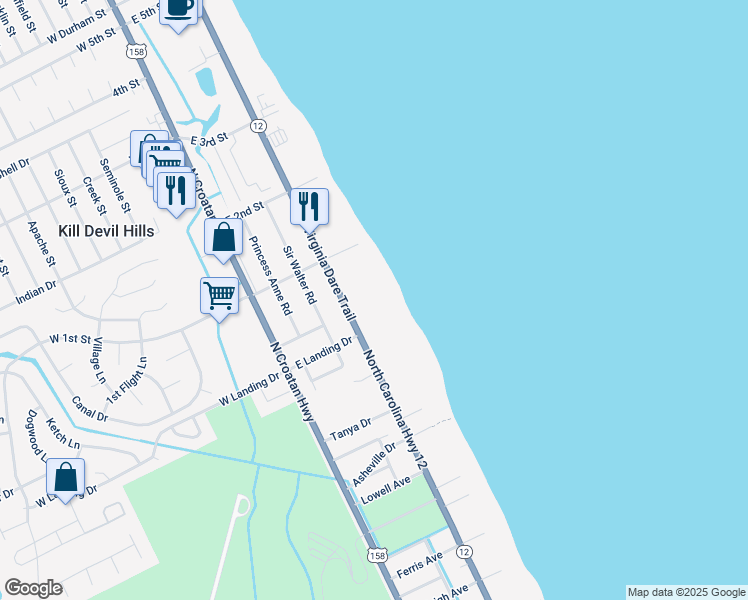 map of restaurants, bars, coffee shops, grocery stores, and more near 1513 North Virginia Dare Trail in Kill Devil Hills