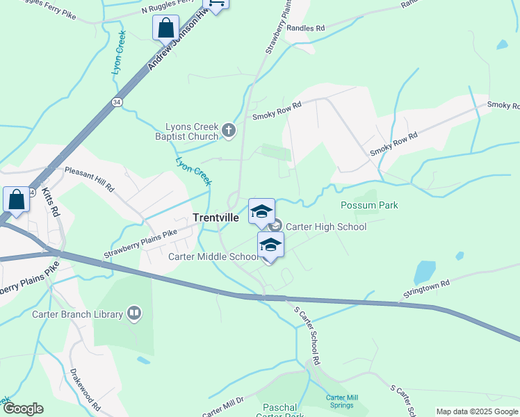 map of restaurants, bars, coffee shops, grocery stores, and more near 210 North Carter School Road in Strawberry Plains