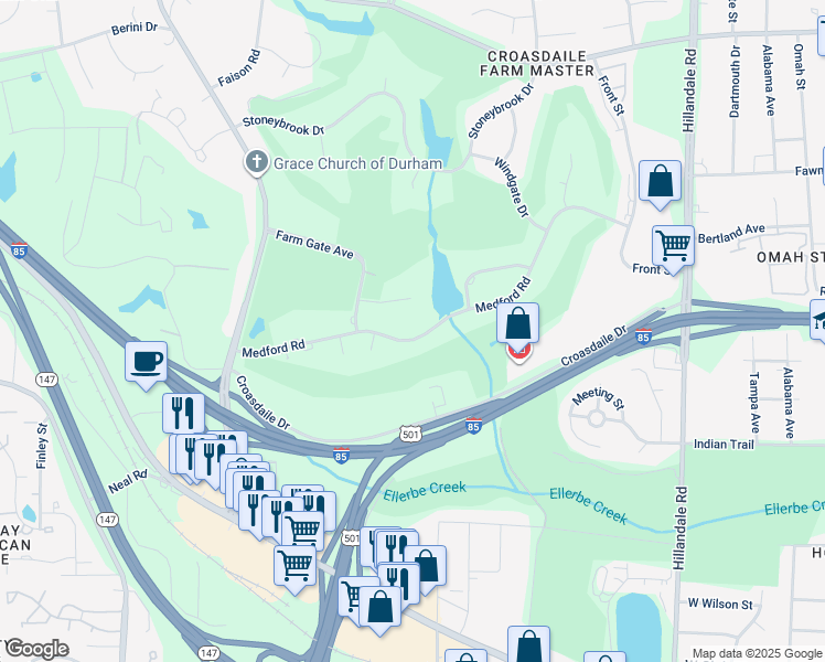 map of restaurants, bars, coffee shops, grocery stores, and more near 3602 Medford Road in Durham