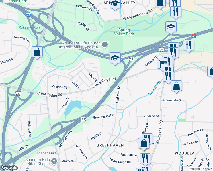 map of restaurants, bars, coffee shops, grocery stores, and more near 725 Creek Ridge Road in Greensboro
